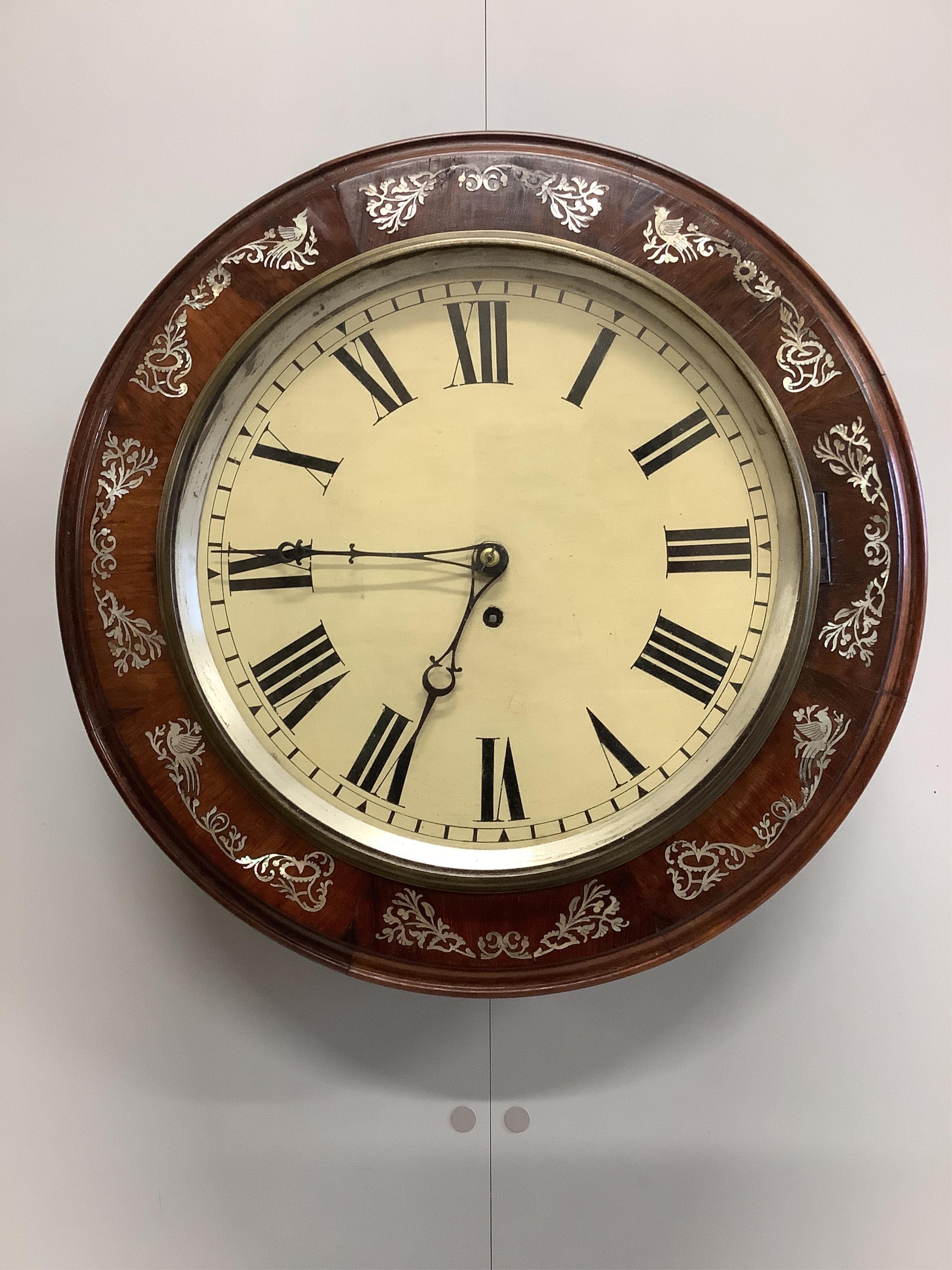 A Victorian mother of pearl inlaid rosewood fusee wall timepiece, diameter 44cm. Condition - fair to good